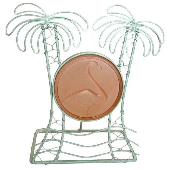 Vintage Teal Green Metal Palm Tree Pink Flamingo Medallion Candle Holder Light - Picture 1 of 8